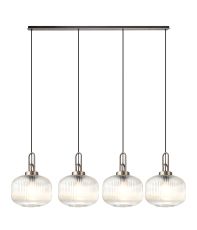 Urasawa Linear Pendant, 4 x E27, Antique Silver/Matt Black With 30cm Pumpkin Shaped Ribbed Clear Glass