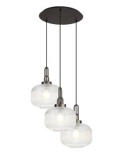 Urasawa 65cm 2m Round Pendant, 3 x E27, Antique Silver/Matt Black With 30cm Pumpkin Shaped Ribbed Clear Glass