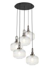 Urasawa 75cm 2.5m Round Pendant, 5 x E27, Antique Silver/Matt Black With 30cm Pumpkin Shaped Ribbed Clear Glass
