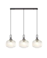 Urasawa Linear 3 Light Pendant E27, Black Chrome/Matt Black With 30cm Pumpkin Shaped Ribbed Clear Glass