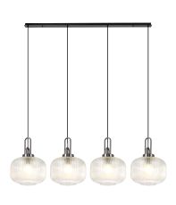 Urasawa Linear Pendant, 4 x E27, Black Chrome/Matt Black With 30cm Pumpkin Shaped Ribbed Clear Glass