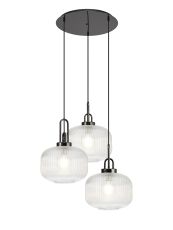 Urasawa 65cm 2m Round Pendant, 3 x E27, Black Chrome/Matt Black With 30cm Pumpkin Shaped Ribbed Clear Glass