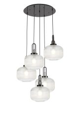 Urasawa 75cm 2.5m Round Pendant, 5 x E27, Black Chrome/Matt Black With 30cm Pumpkin Shaped Ribbed Clear Glass