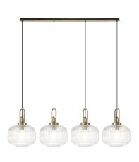 Urasawa Linear Pendant, 4 x E27, Brass Gold/Matt Black With 30cm Pumpkin Shaped Ribbed Clear Glass