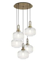 Urasawa 75cm 2.5m Round Pendant, 5 x E27, Brass Gold/Matt Black With 30cm Pumpkin Shaped Ribbed Clear Glass