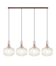 Urasawa Linear Pendant, 4 x E27, Copper/Matt Black With 30cm Pumpkin Shaped Ribbed Clear Glass