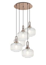 Urasawa 75cm 2.5m Round Pendant, 5 x E27, Copper/Matt Black With 30cm Pumpkin Shaped Ribbed Clear Glass