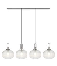 Urasawa Linear Pendant, 4 x E27, Polished Nickel/Matt Black With 30cm Pumpkin Shaped Ribbed Clear Glass