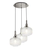 Urasawa 65cm 2m Round Pendant, 3 x E27, Polished Nickel/Matt Black With 30cm Pumpkin Shaped Ribbed Clear Glass