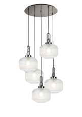 Urasawa 75cm 2.5m Round Pendant, 5 x E27, Polished Nickel/Matt Black With 30cm Pumpkin Shaped Ribbed Clear Glass