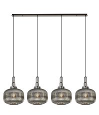 Urasawa Linear Pendant, 4 x E27, Black Chrome/Matt Black With 30cm Pumpkin Shaped Ribbed Smoked Glass