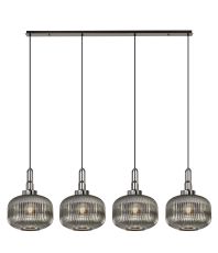 Urasawa Linear Pendant, 4 x E27, Black Chrome/Matt Black With 30cm Pumpkin Shaped Ribbed Smoked Glass