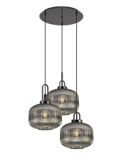 Urasawa 65cm 2m Round Pendant, 3 x E27, Black Chrome/Matt Black With 30cm Pumpkin Shaped Ribbed Smoked Glass