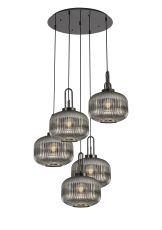 Urasawa 75cm 2.5m Round Pendant, 5 x E27, Black Chrome/Matt Black With 30cm Pumpkin Shaped Ribbed Smoked Glass