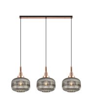 Urasawa Linear 3 Light Pendant E27, Copper/Matt Black With 30cm Pumpkin Shaped Ribbed Smoked Glass