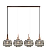 Urasawa Linear Pendant, 4 x E27, Copper/Matt Black With 30cm Pumpkin Shaped Ribbed Smoked Glass