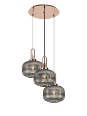 Urasawa 65cm 2m Round Pendant, 3 x E27, Copper/Matt Black With 30cm Pumpkin Shaped Ribbed Smoked Glass