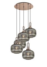 Urasawa 75cm 2.5m Round Pendant, 5 x E27, Copper/Matt Black With 30cm Pumpkin Shaped Ribbed Smoked Glass