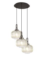 Urasawa 65cm 2m Round Pendant, 3 x E27, Antique Silver/Matt Black With 30cm Pumpkin Shaped Ribbed Champagne Glass