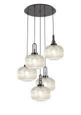 Urasawa 75cm 2.5m Round Pendant, 5 x E27, Black Chrome/Matt Black With 30cm Pumpkin Shaped Ribbed Champagne Glass
