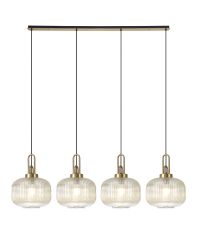 Urasawa Linear Pendant, 4 x E27, Brass Gold/Matt Black With 30cm Pumpkin Shaped Ribbed Champagne Glass