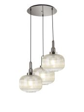 Urasawa 65cm 2m Round Pendant, 3 x E27, Polished Nickel/Matt Black With 30cm Pumpkin Shaped Ribbed Champagne Glass