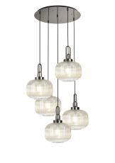 Urasawa 75cm 2.5m Round Pendant, 5 x E27, Polished Nickel/Matt Black With 30cm Pumpkin Shaped Ribbed Champagne Glass