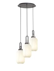 Urasawa 55cm Round 3 Light Pendant With 20cm Tubular Ribbed Glass, Aged Pewter/Matt Black Opal