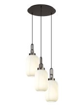 Urasawa 55cm Round 3 Light Pendant With 20cm Tubular Ribbed Glass, Antique Silver/Matt Black Opal