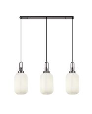 Urasawa Linear 3 Light Pendant With 20cm Tubular Ribbed Glass, Black Chrome/Matt Black Opal