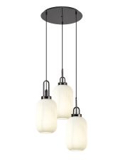 Urasawa Round 3 Light Pendant With 20cm Tubular Ribbed Glass, Black Chrome/Matt Black Opal