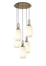 Urasawa Round 5 Light Pendant With 20cm Tubular Ribbed Glass, Brass Gold/Matt Black Opal