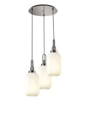 Urasawa 55cm Round 3 Light Pendant With 20cm Tubular Ribbed Glass, Polished Nickel/Matt Black Opal