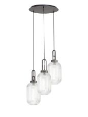 Urasawa 55cm Round 3 Light Pendant With 20cm Tubular Ribbed Glass, Aged Pewter/Matt Black Clear