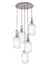 Urasawa 65cm Round 5 Light Pendant With 20cm Tubular Ribbed Glass, Aged Pewter/Matt Black Clear