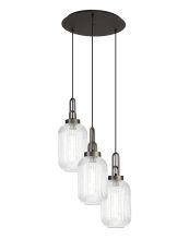 Urasawa 55cm Round 3 Light Pendant With 20cm Tubular Ribbed Glass, Antique Silver/Matt Black Clear