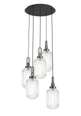 Urasawa 65cm Round 5 Light Pendant With 20cm Tubular Ribbed Glass, Antique Silver/Matt Black Clear