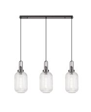 Urasawa Linear 3 Light Pendant With 20cm Tubular Ribbed Glass, Black Chrome/Matt Black Clear