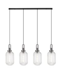 Urasawa Linear 4 Light Pendant With 20cm Tubular Ribbed Glass, Black Chrome/Matt Black Clear