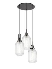 Urasawa 55cm Round 3 Light Pendant With 20cm Tubular Ribbed Glass, Black Chrome/Matt Black Clear