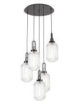 Urasawa 65cm Round 5 Light Pendant With 20cm Tubular Ribbed Glass, Black Chrome/Matt Black Clear