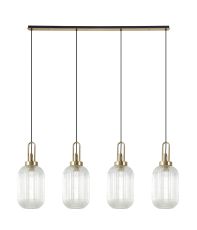 Urasawa Linear 4 Light Pendant With 20cm Tubular Ribbed Glass, Brass Gold/Matt Black Clear