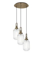 Urasawa 55cm Round 3 Light Pendant With 20cm Tubular Ribbed Glass, Brass Gold/Matt Black Clear