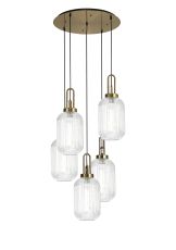 Urasawa 65cm Round 5 Light Pendant With 20cm Tubular Ribbed Glass, Brass Gold/Matt Black Clear