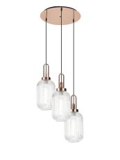 Urasawa 55cm Round 3 Light Pendant With 20cm Tubular Ribbed Glass, Copper/Matt Black Clear