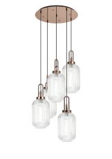 Urasawa 65cm Round 5 Light Pendant With 20cm Tubular Ribbed Glass, Copper/Matt Black Clear