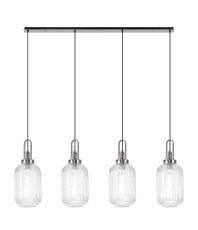 Urasawa Linear 4 Light Pendant With 20cm Tubular Ribbed Glass, Polished Nickel/Matt Black Clear