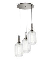 Urasawa 55cm Round 3 Light Pendant With 20cm Tubular Ribbed Glass, Polished Nickel/Matt Black Clear