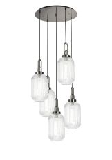 Urasawa 65cm Round 5 Light Pendant With 20cm Tubular Ribbed Glass, Polished Nickel/Matt Black Clear