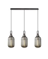 Urasawa Linear 3 Light Pendant With 20cm Tubular Ribbed Glass, Aged Pewter/Matt Black Smoked